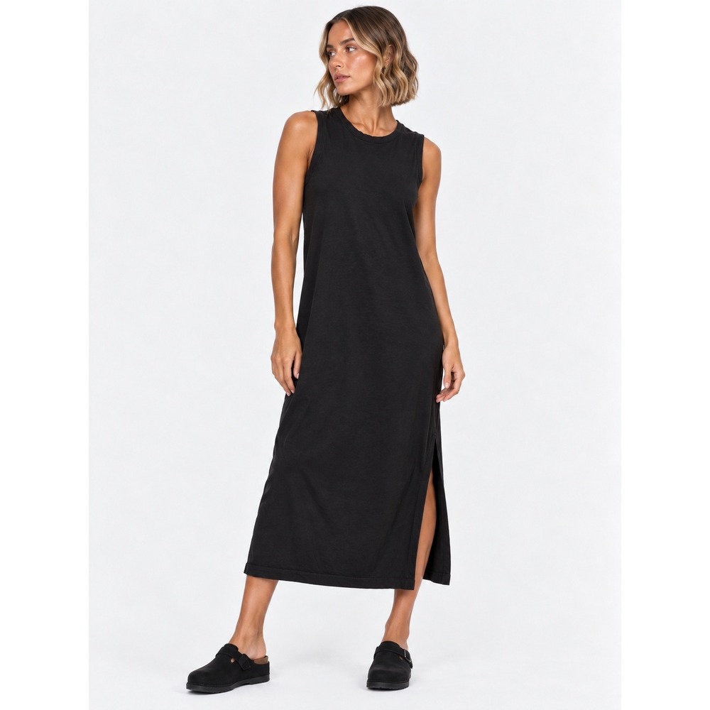 Pact Black Organic Cotton Sleeveless Slub Knit Maxi Tank Dress Pockets XL